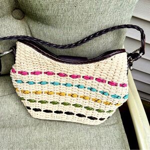 BRIGHTON MULTICOLOR WOVEN STRAW SHOULDER BAG WITH BRAIDED LEATHER STRAP